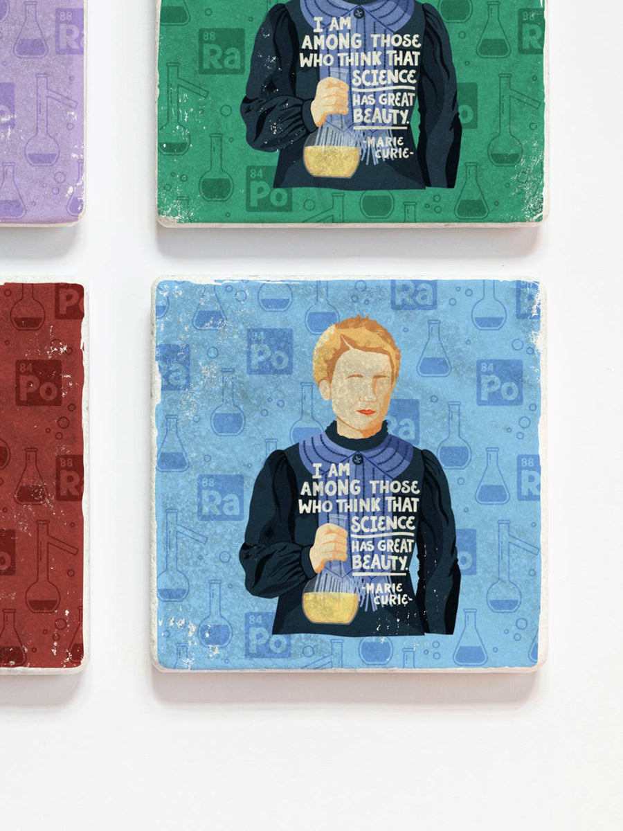 Marie Curie Quote + Illustration Coaster Set