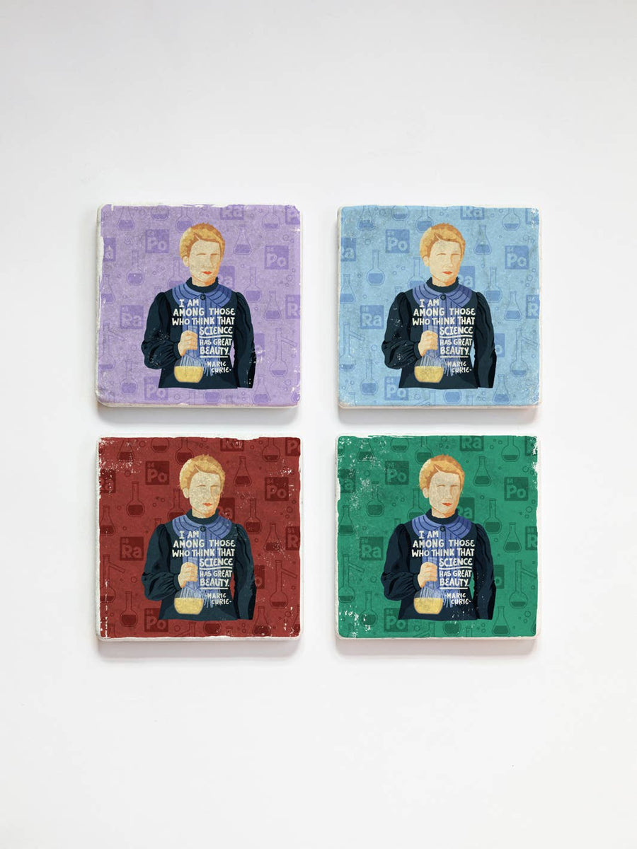 Marie Curie Quote + Illustration Coaster Set